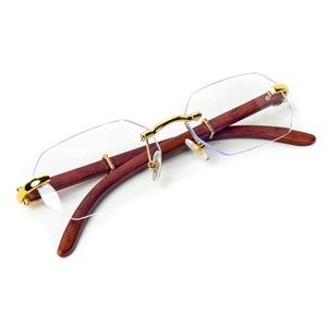 Gold Frame Mens Clear Lens Fashion Woodgrain Vintage Glasses